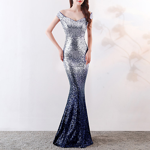 

Mermaid / Trumpet Elegant & Luxurious Sexy Formal Evening Dress Off Shoulder Short Sleeve Sweep / Brush Train Sequined with Sequin 2021