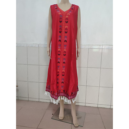 

Women's Tunic Maxi long Dress White Blue Red Yellow Light Blue Sleeveless Embroidered Summer V Neck Boho S M L XL XXL 3XL 4XL 5XL / Plus Size / Plus Size