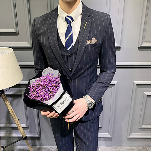 

Black / Light Grey / Navy Blue Striped Standard Fit Polyester Suit - Notch Single Breasted One-button / Suits