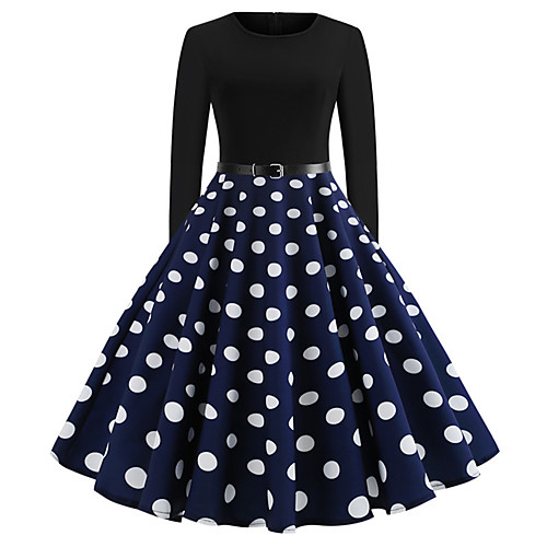 

Women's A Line Dress - Short Sleeve Polka Dot Print Vintage Navy Blue S M L XL XXL
