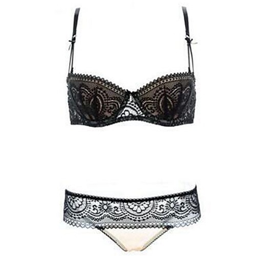 

Women's Push-up Lace Bras Underwire Bra Demi-cup Bra & Panty Set Lace Embroidered Black Light Green