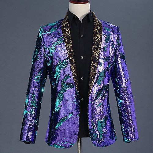 

Prince Disco 1980s Tuxedo Men's Sequins Costume Black / Golden / Purple Vintage Cosplay Prom Long Sleeve
