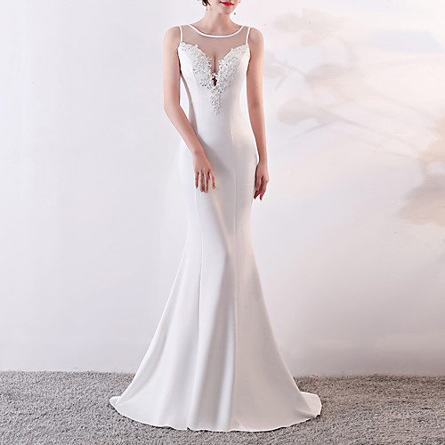 

Mermaid / Trumpet Elegant & Luxurious Sexy Formal Evening Dress Jewel Neck Sleeveless Sweep / Brush Train Satin Tulle with Beading 2021