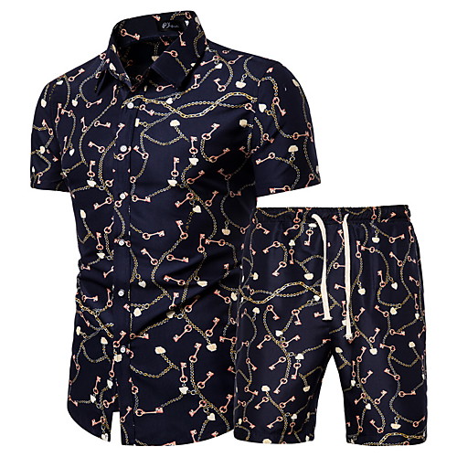 

Men's Set Graphic Geometric Plus Size Print Short Sleeve Athleisure Tops Basic Boho Navy Blue