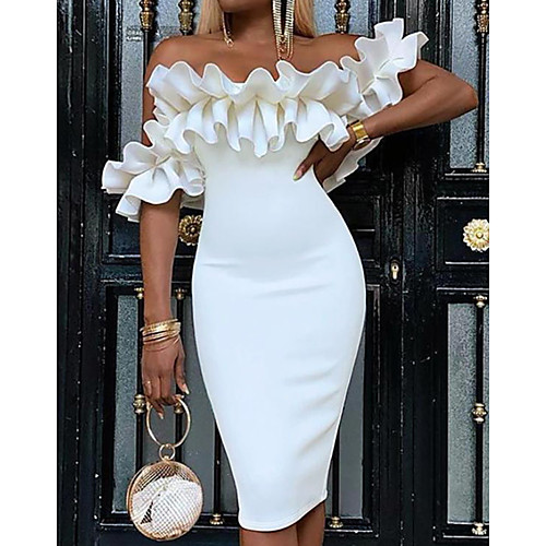 

Women's Sheath Dress Knee Length Dress White Black Sleeveless Solid Color Ruched Ruffle Fall Spring Off Shoulder Hot Elegant Formal Going out Cotton Slim 2021 S M L XL XXL 3XL