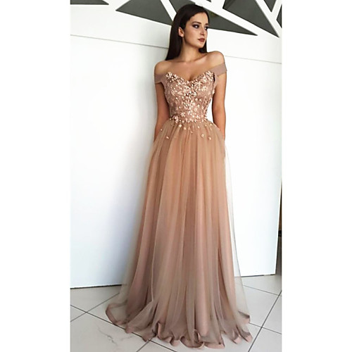 

A-Line Elegant Formal Evening Dress Off Shoulder Short Sleeve Sweep / Brush Train Chiffon with Beading Sequin Appliques 2020