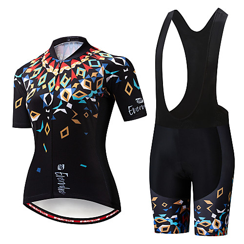 

EVERVOLVE Women's Short Sleeve Cycling Jersey with Bib Shorts Black White Floral Botanical Bike Clothing Suit Breathable Moisture Wicking Quick Dry Anatomic Design Sports Cotton Lycra Floral Botanical