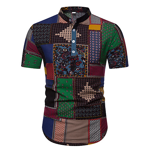 

Men's Shirt Graphic Geometric Print Short Sleeve Holiday Tops Basic Boho Rainbow