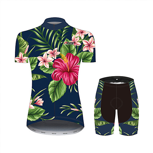 

21Grams Floral Botanical Hawaii Women's Short Sleeve Cycling Jersey with Shorts - Black / Green Bike Clothing Suit Breathable Quick Dry Moisture Wicking Sports 100% Polyester Mountain Bike MTB