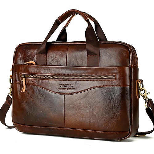 

Men's Bags Nappa Leather Cowhide Shoulder Messenger Bag Laptop Bag Briefcase Belt Zipper Solid Color Daily Handbags Dark Brown