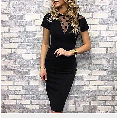 

Women's Sheath Dress - Short Sleeve Polka Dot Solid Colored Lace Mesh Crew Neck Sophisticated Cocktail Party Going out Birthday Skinny Black S M L XL XXL