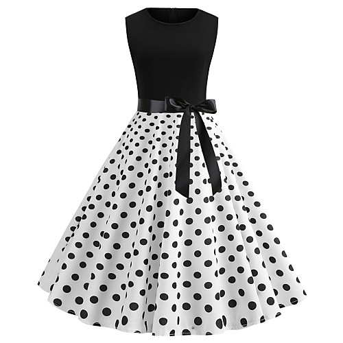 

Women's Little Black Midi Dress White Sleeveless Polka Dot Print Round Neck Vintage Streetwear S M L XL XXL