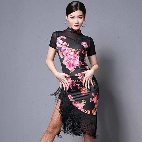 

Latin Dance Dress Tassel Pattern / Print Women's Performance Short Sleeve Tulle Polyester