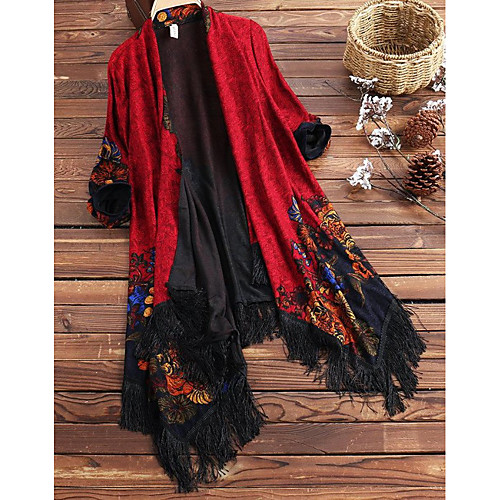 

Women's Geometric Tassel Fringe Sophisticated Fall & Winter Cloak / Capes Regular Daily Long Sleeve Nylon Coat Tops Red