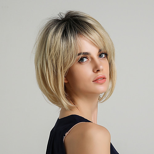 

Women's Synthetic Wig Natural Straight Layered Haircut Short Hairstyles 2020 With Bangs Wig Ombre Short Synthetic Hair 10 inch Brown Golden Blonde#16