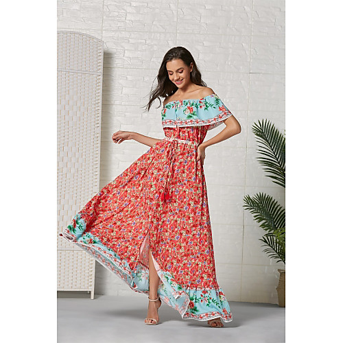 

Women's Swing Dress Maxi long Dress - Short Sleeves Geometric Summer Casual Going out 2020 Blue Red S M L XL XXL