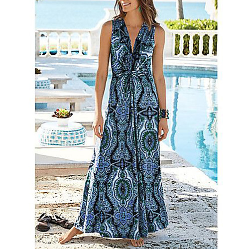 

Women's Maxi Swing Dress - Sleeveless Floral Leopard Print Fashion Spring Summer Deep V Boho 2020 Blue Purple Yellow Blushing Pink Green Light Green S M L XL XXL