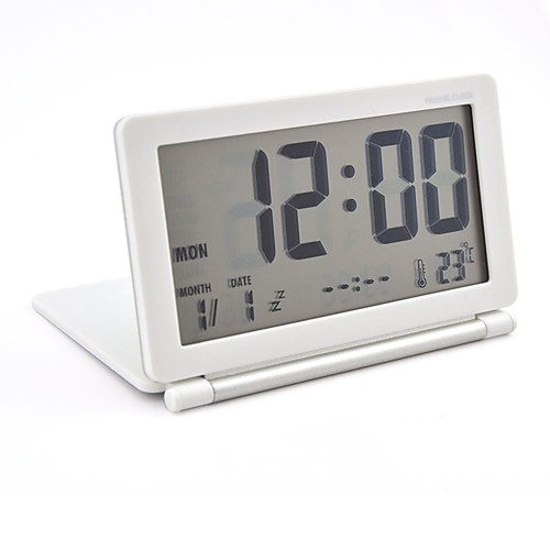 

Multifunction Silent LCD Digital Large Screen Travel Desk Electronic Alarm Clock, Date/Time/Calendar/Temperature Display, Snooze, Folding (WhiteSilver)