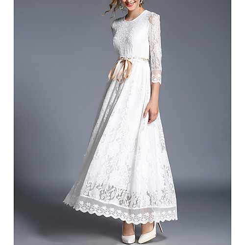 

Women's Swing Dress Maxi long Dress White Long Sleeve Solid Colored Lace Fall Spring Round Neck Chinoiserie Slim Lace M L XL XXL
