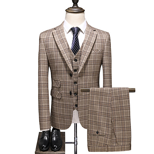 

Khaki Checkered Slim Fit Polyester Suit - Notch Single Breasted Two-buttons / Suits