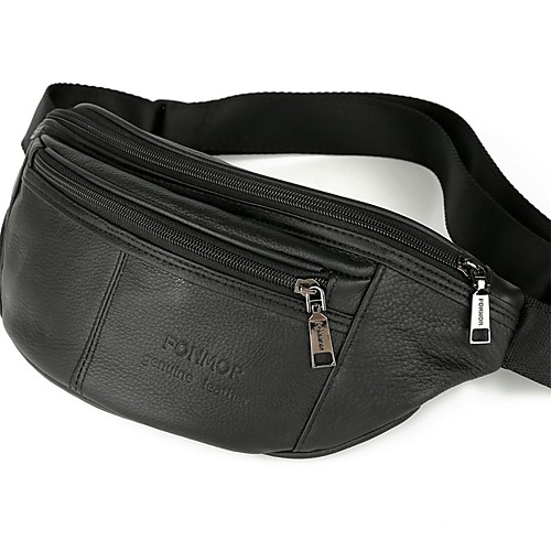 

Men's Bags Nappa Leather Cowhide Fanny Pack Zipper Solid Color Daily Bum Bag MessengerBag Black