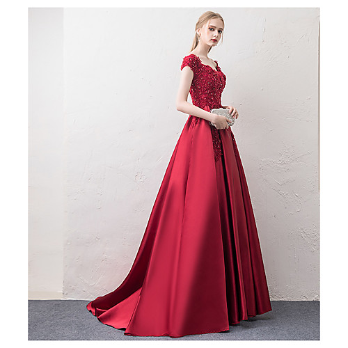 

A-Line Elegant Prom Formal Evening Dress Off Shoulder Short Sleeve Court Train Satin Floral Lace with Beading Appliques 2021