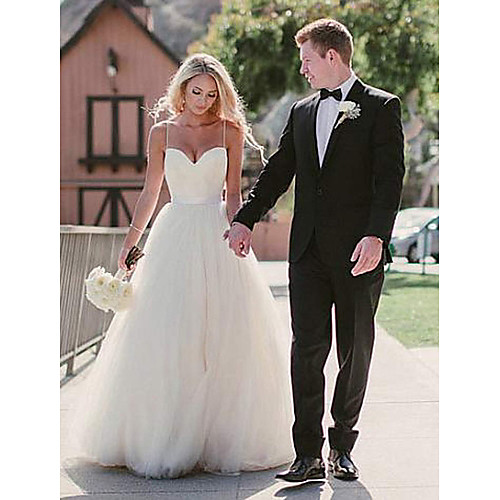 

A-Line Wedding Dresses Sweetheart Neckline Sweep / Brush Train Tulle Spaghetti Strap Simple Beach Plus Size with 2021