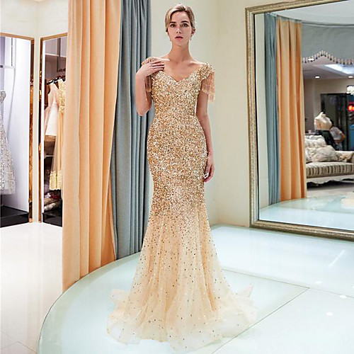 

Mermaid / Trumpet Sparkle Gold Party Wear Formal Evening Dress V Neck Short Sleeve Sweep / Brush Train Tulle Sequined Polyester with Sequin 2020
