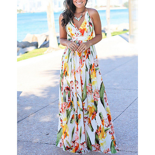 

Women's Maxi Swing Dress - Sleeveless Floral Print Summer Strap Boho Beach Floral White Blue Red Yellow Green Light Blue S M L XL XXL