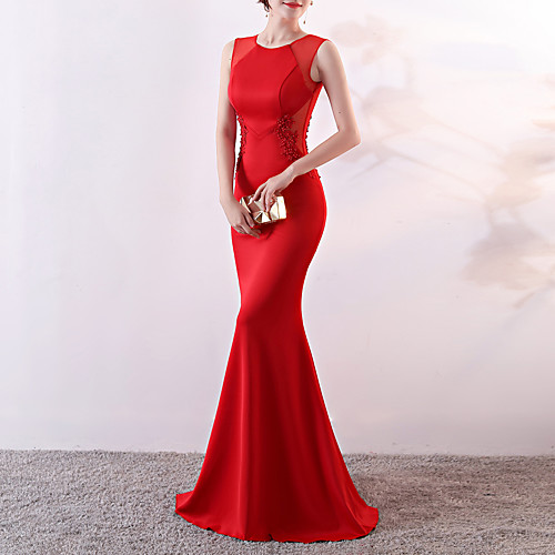 

Mermaid / Trumpet Elegant & Luxurious Elegant Formal Evening Dress Jewel Neck Sleeveless Sweep / Brush Train Satin with Beading 2021