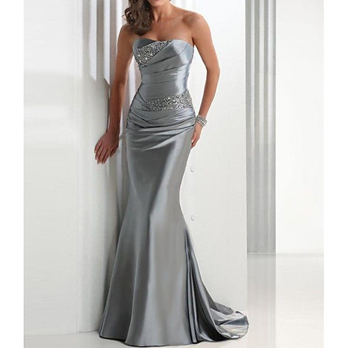 

Mermaid / Trumpet Sparkle Wedding Guest Formal Evening Dress Strapless Sleeveless Sweep / Brush Train Satin with Crystals 2021