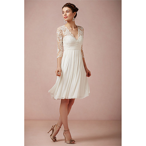 

A-Line Wedding Dresses V Neck Knee Length Lace 3/4 Length Sleeve Beach Little White Dress Illusion Sleeve with 2020