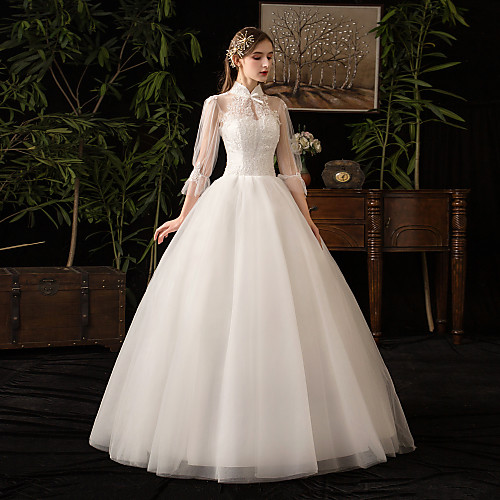 

Ball Gown Wedding Dresses High Neck Floor Length Tulle 3/4 Length Sleeve Mordern Little White Dress Illusion Sleeve with Appliques 2021