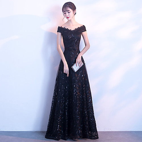 

A-Line Elegant Sparkle & Shine Formal Evening Dress Off Shoulder Short Sleeve Floor Length Lace with 2021