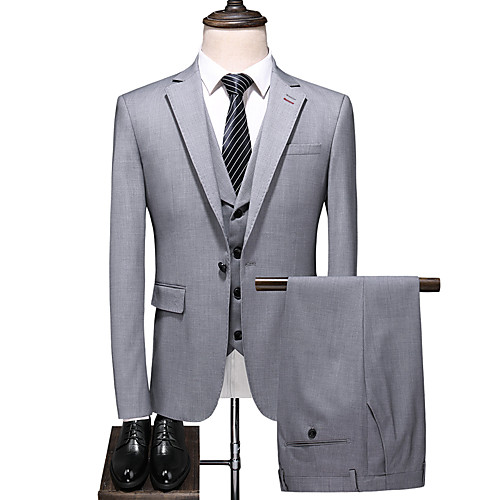 

Gray Solid Colored Standard Fit Polyester Suit - Notch Single Breasted One-button / Suits