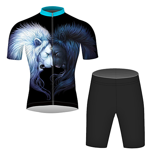 

21Grams 3D Lion Men's Short Sleeve Cycling Jersey with Shorts - Black / White Bike Clothing Suit Breathable Quick Dry Moisture Wicking Sports 100% Polyester Mountain Bike MTB Clothing Apparel