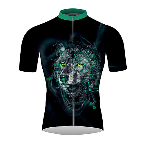 

21Grams 3D Animal Wolf Men's Short Sleeve Cycling Jersey - Black / Green Bike Jersey Top Breathable Quick Dry Moisture Wicking Sports 100% Polyester Mountain Bike MTB Road Bike Cycling Clothing