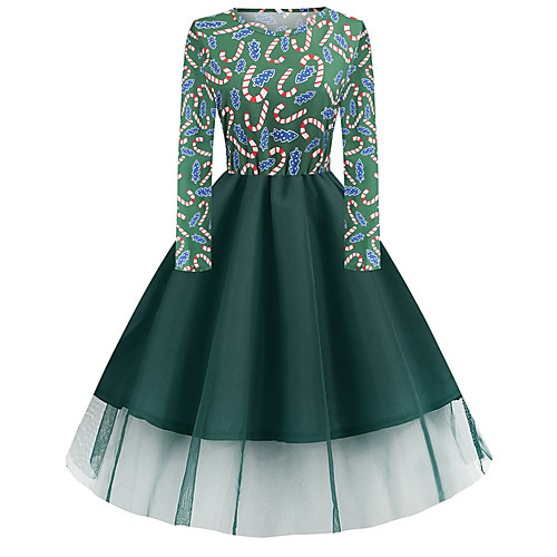 

Women's A Line Dress Knee Length Dress Black Blue Red Army Green Green Long Sleeve Print Lace Patchwork Print Fall Winter Round Neck Casual Christmas Halloween 2021 S M L XL XXL 3XL 4XL 5XL