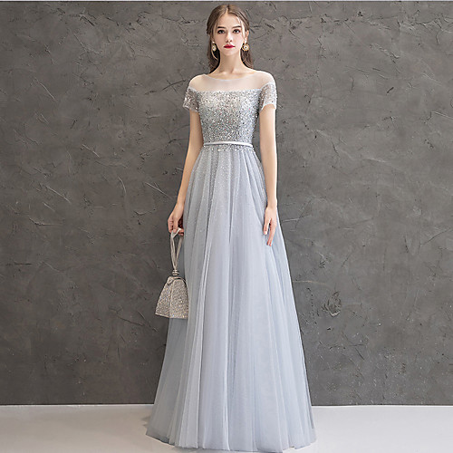 

A-Line Elegant Sparkle & Shine Prom Dress Jewel Neck Short Sleeve Floor Length Tulle with Sash / Ribbon Crystals Beading 2021