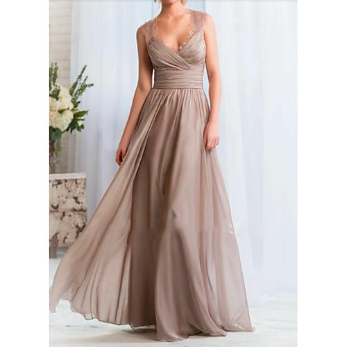 

A-Line Open Back Formal Evening Dress Plunging Neck Sleeveless Floor Length Chiffon with Pleats Lace Insert 2021