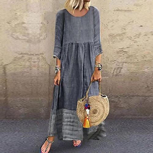 

Women's Plus Size Maxi Swing Dress - 3/4 Length Sleeve Color Block Yellow Blushing Pink Green Gray S M L XL XXL XXXL XXXXL