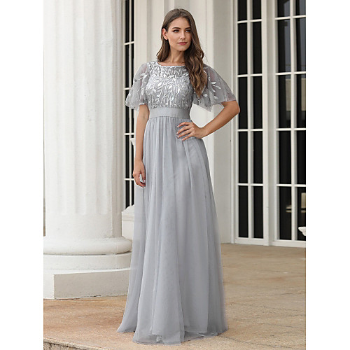 

A-Line Elegant & Luxurious Formal Evening Dress Jewel Neck Short Sleeve Floor Length Chiffon Tulle with Embroidery 2021