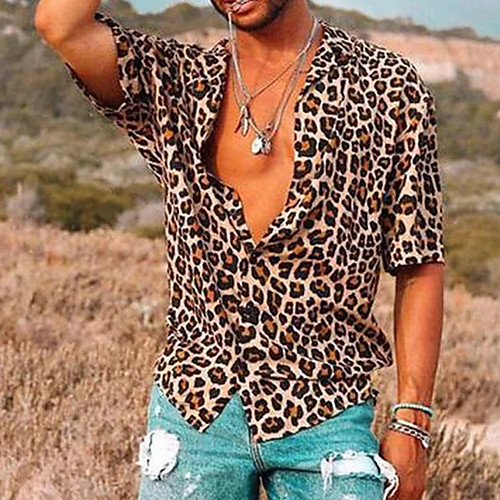 

Men's Shirt Leopard Short Sleeve Daily Tops Basic Yellow