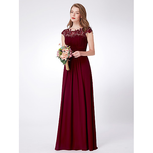 

A-Line Empire Red Wedding Guest Prom Dress Scalloped Neckline Short Sleeve Floor Length Chiffon with Draping Lace Insert 2020