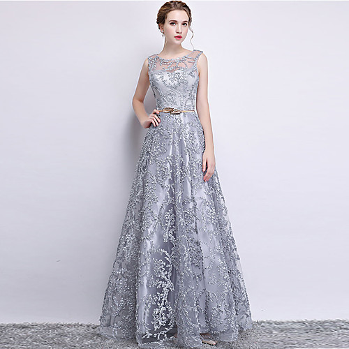 

A-Line Elegant Sparkle & Shine Formal Evening Dress Jewel Neck Sleeveless Floor Length Lace with Appliques 2021