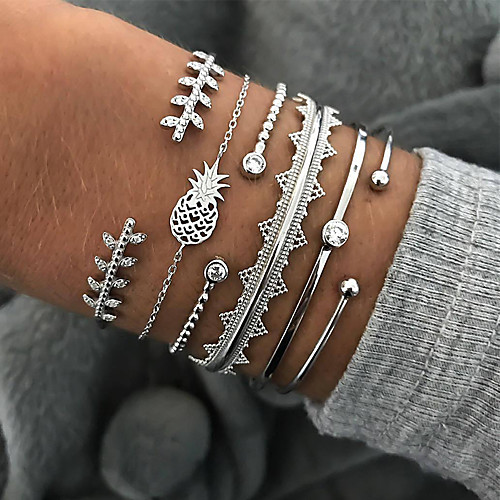 

6pcs Women's Bracelet Bangles Cuff Bracelet Vintage Bracelet Layered Leaf Pineapple Vintage Trendy Ethnic Fashion Boho Imitation Diamond Bracelet Jewelry Silver For Daily School Street Holiday