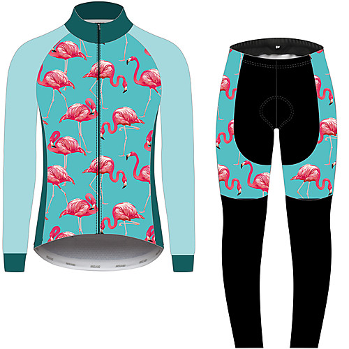 

21Grams Flamingo Floral Botanical Men's Long Sleeve Cycling Jersey with Tights - Black / Blue Bike Clothing Suit Windproof UV Resistant Breathable Sports Winter 100% Polyester Mountain Bike MTB