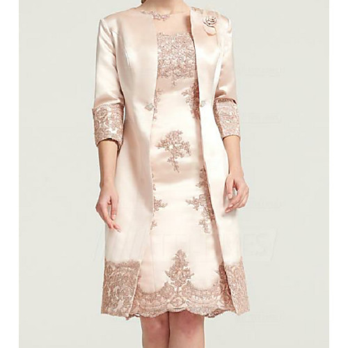 

Sheath / Column Mother of the Bride Dress Plus Size Elegant Bateau Neck Knee Length Satin Sleeveless with Ruffles 2021
