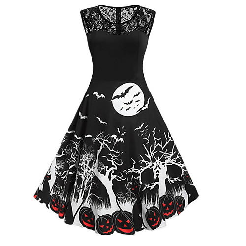 

Women's A Line Dress - Sleeveless Geometric Basic Halloween Black Purple Red Orange S M L XL XXL XXXL