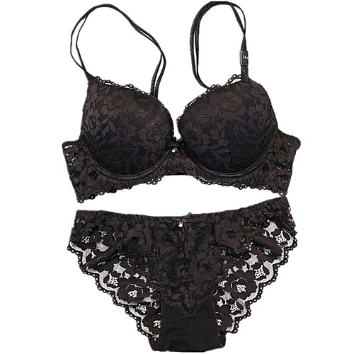 

Women's Push-up Lace Bras Underwire Bra 3/4 Cup Bra & Panty Set Lace Embroidered Black Purple Camel